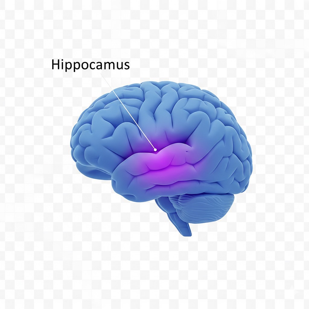 Medical diagram of brain hippocampus showing location and role in Theta wave production and attachment